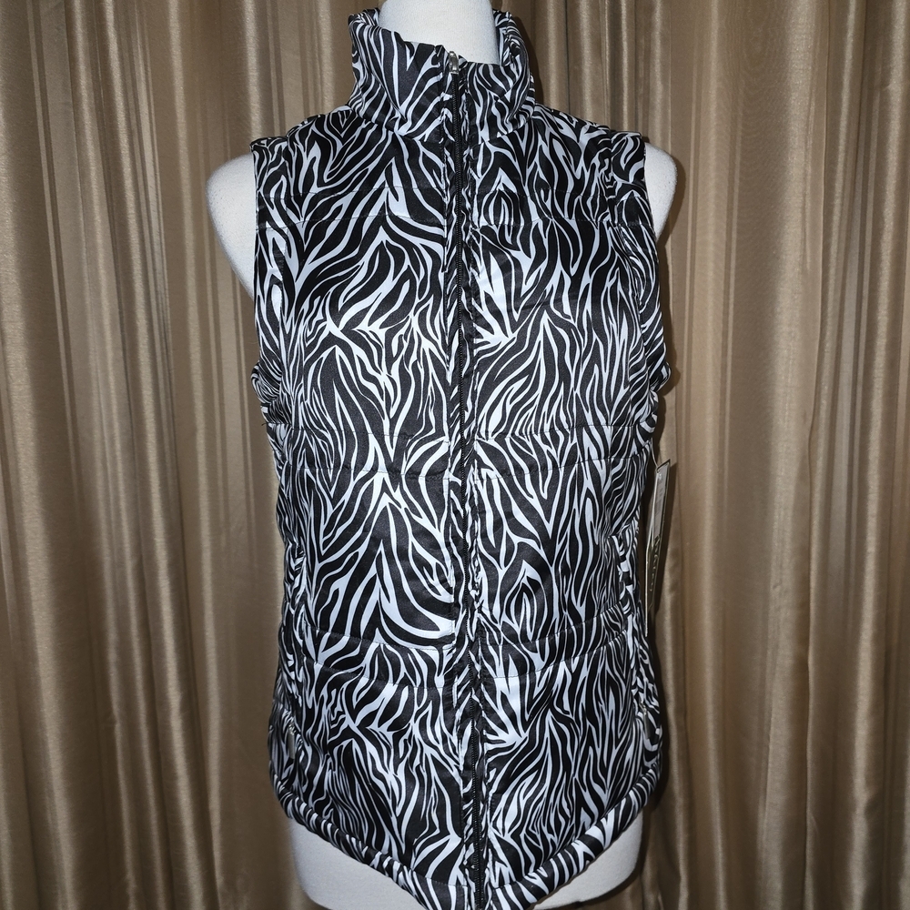 Jane Ashley Black and White Zebra Print Zip Up Vest Size Medium NWT